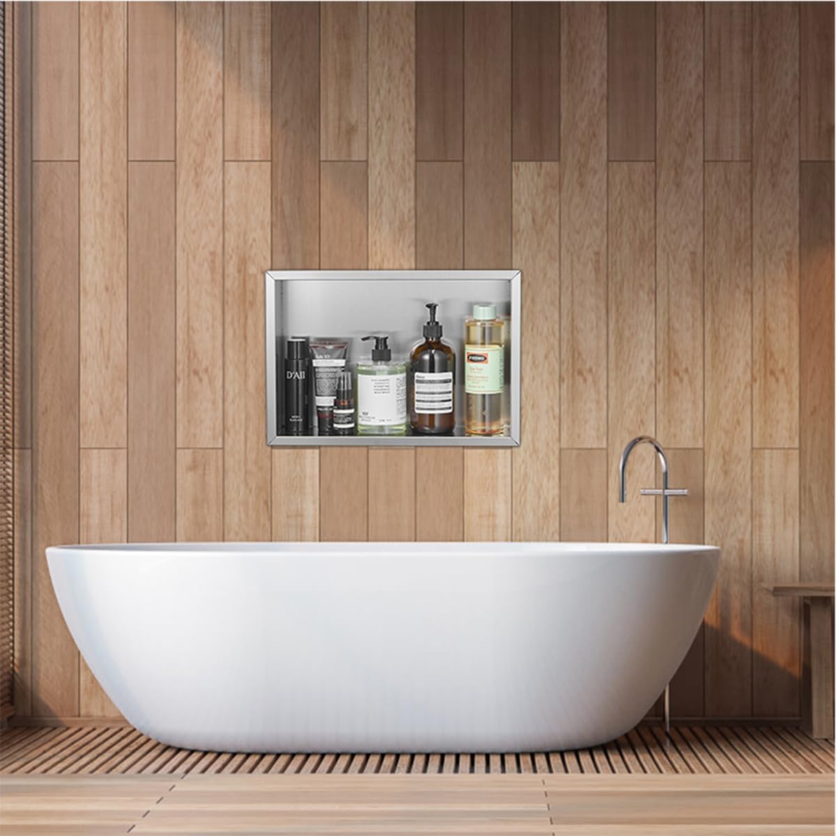 バスルームシャワー埋め込みニッチ、長方形防水漏れ防止シャワーシェルフ、シャンプーとトイレタリー用埋め込みマウント収納棚（グレー、32 ステンレススチール  製ニッチ 埋め込み式バスルームニッチ トイレの横に隠されたゴミ箱 化粧台ニッチ キッチン収納棚 リビング ... 長方形のシャワーニッチ、埋め込み式ステンレススチールシャワーシェルフ、仕切り付き壁内浴室ウォールキャビネット、収納と省スペース、グレ