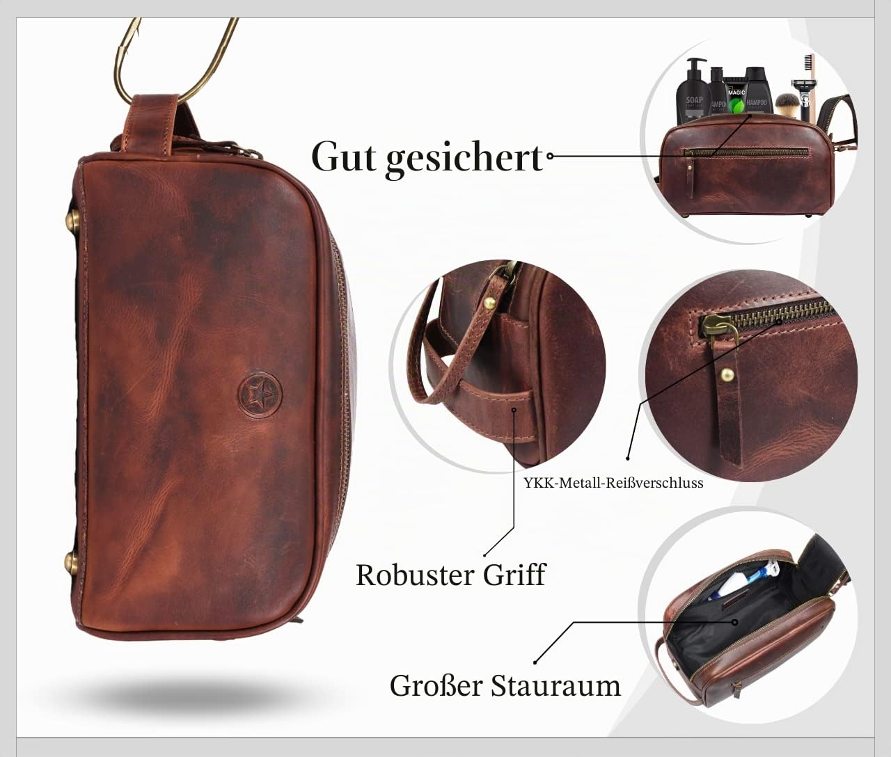 Leather Toiletry Bag for Men | Grooming Travel Kit | By Aaron Leather (Dark Brown- Dual Zipper) (Walnut)
