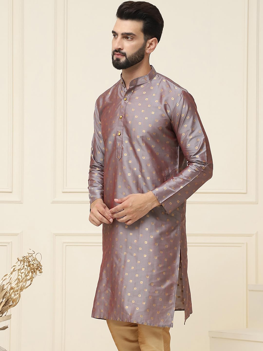 Size Medium 38 Color Brown Sojanya (Since 1958 Men'S Silk Blend Printed Only Long Kurta