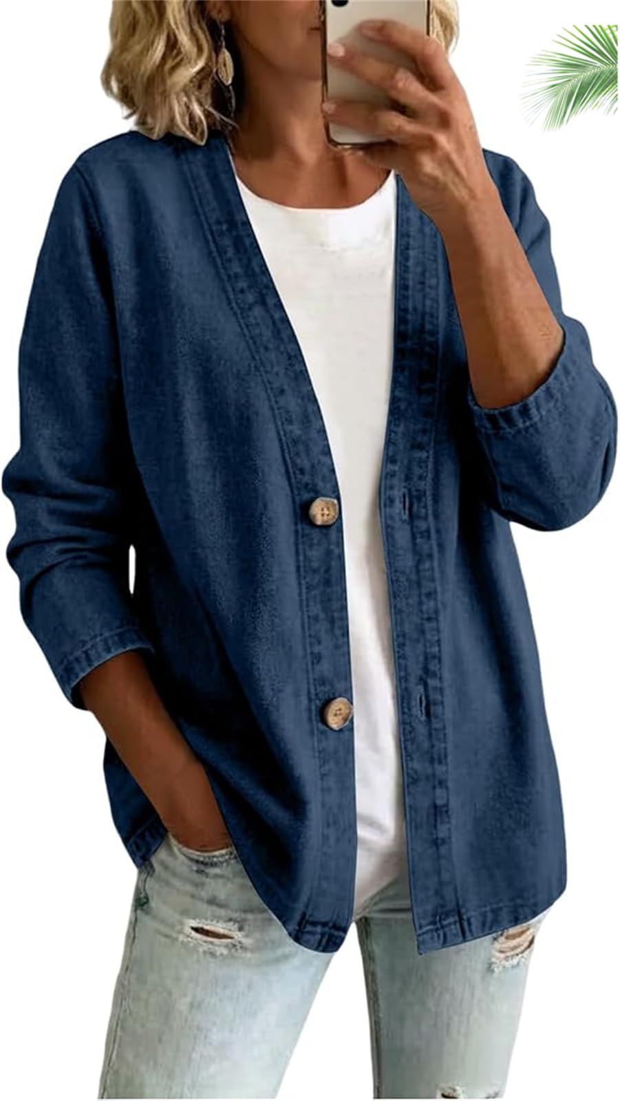 Generico Giacca di Jeans Classica da Donna con Bottoni Frontali – Cardigan in Denim Vintage con Scollo a V