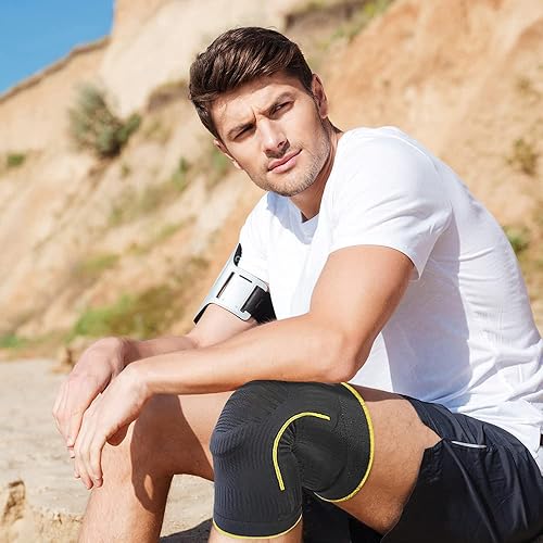 Miniatura 8 de Bracoo Manga de compresión de rodilla fina para dolor de rodilla, para mujeres y hombres, soporte con almohadilla de rótula y estabilizadores