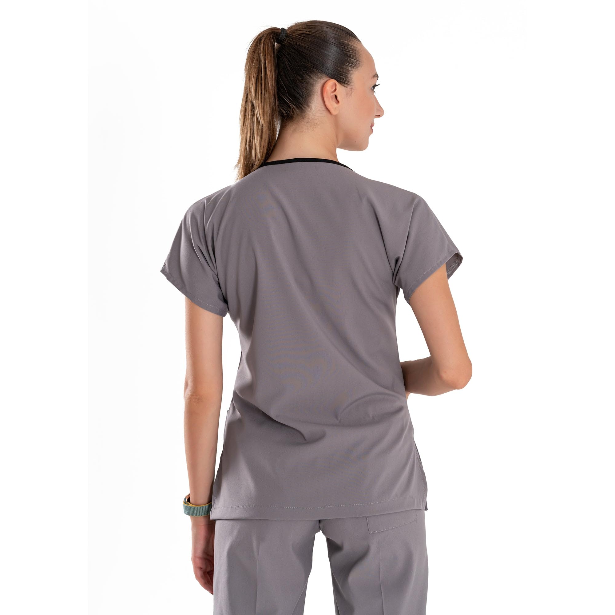 Uniformes médicos profesionales y uniformes quirúrgicos – Conjunto de uniformes médicos de tela elástica suave para mujer – Parte superior e inferior de uniforme médico, gris, XL