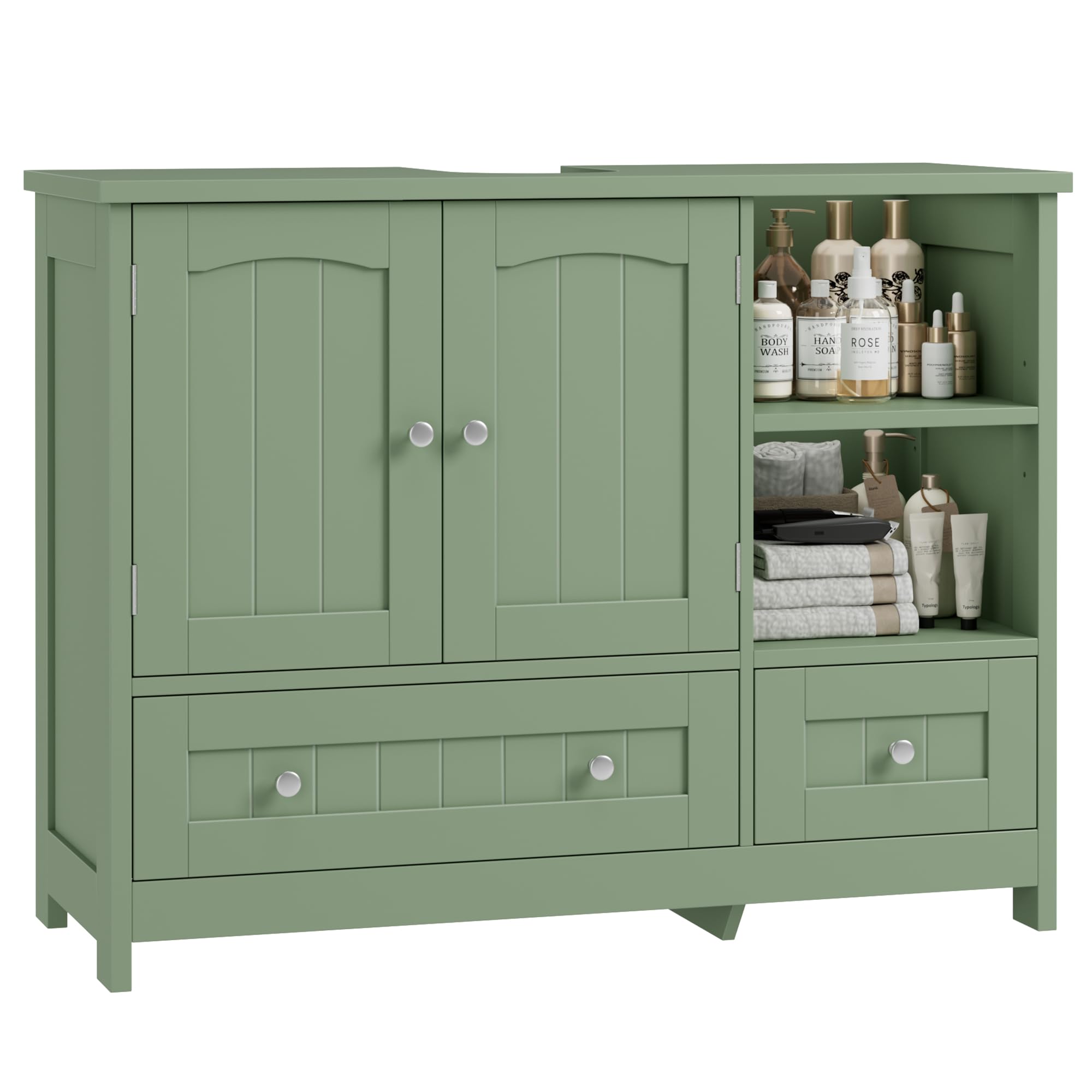 FOREHILL 80cm Mueble Bajo Lavabo, Mueble Baño, Mueble Lavabo con Pie | con 2 Puertas, 2 Cajones, Verde, 80x30x65cm