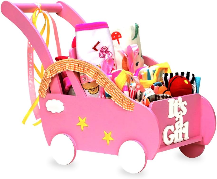 Little Surprise Box Wooden Pink Pram Hamper for Newborn Baby Boy (0-12months)