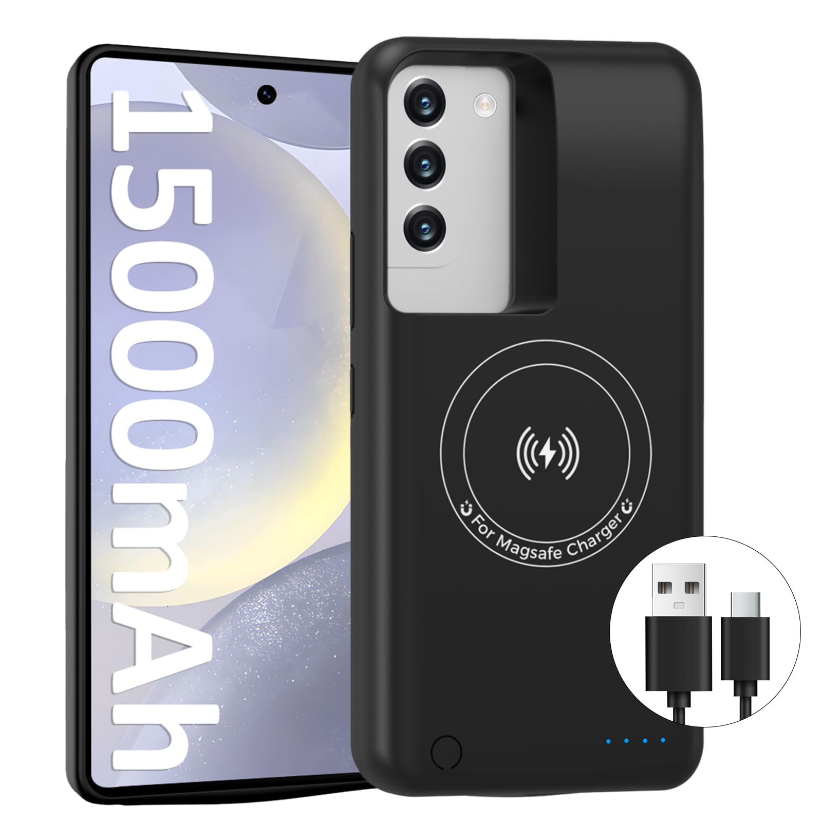 Funda de batería para Samsung Galaxy S22/S23 (15000 mAh), cargador rápido GaN, funda de carga portátil extendida para Galaxy S23, cargador inalámbrico Qi de respaldo con cable USB-C de 20 W