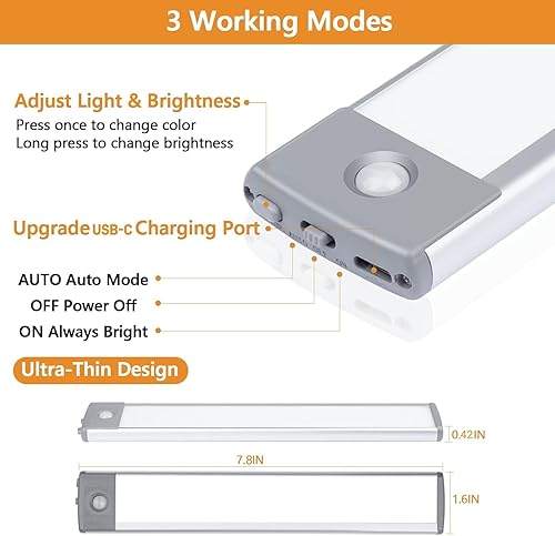 Miniatura 4 de Under Cabinet Motion Sensor Lights 3 Color Temps, 2 Packs Stepless Dimming Rechargeable Closet Lights, 35 LED Magnetic Wireless Night Lights, Under