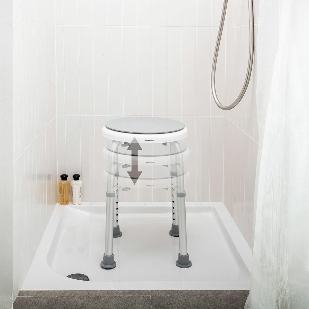 InnovaGoods® Taburete Baño Giratorio, Silla Ducha Personas Mayores con rotación de 360º, Taburete con 8 Niveles de Altura Ideal para Personas Mayores y Personas con Movilidad Reducida.