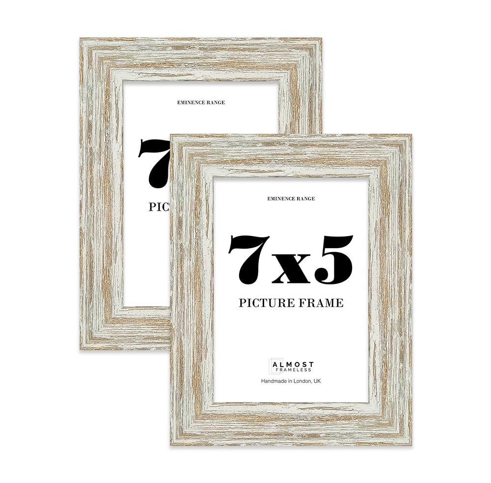7x5" Distressed White Oak Picture Frame - Rustic Wood Industrial Effect Photo Frame for Wall Display, Ideal for Posters, Prints & Home Décor, Wall Hooks and Kickstand, 32mm Edge - 2 Pack
