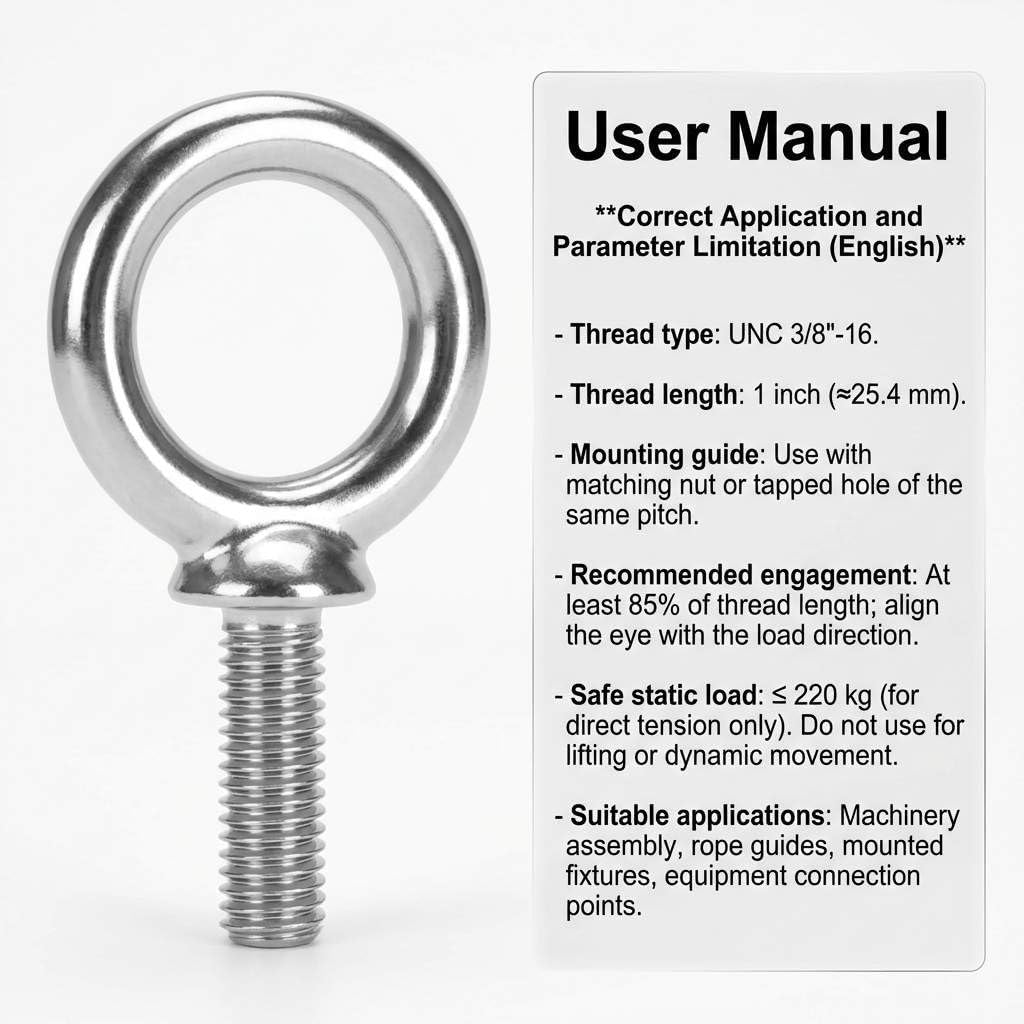 QWORK 3/8"-16 x 1 Machinery Eye Bolts – 20 Pack 316 Stainless Steel Threaded Rings for Mounting, Securing & Rigging