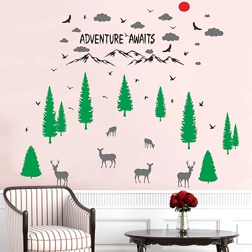 Miniatura 7 de Calcomanía de pared de bosque verde para guardería, adhesivo de PVC extraíble con pino, ciervo, ganso volador, montaña, nube, sol rojo, decoración