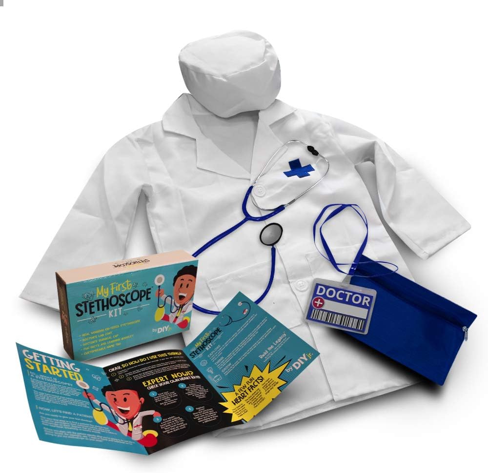 DIY jr My First Stethoscope Doctor's Kit - Includes Kid Sized Stethoscope, Lab Coat, Surgical Cap, Name Tag, Lanyard and Information Booklet