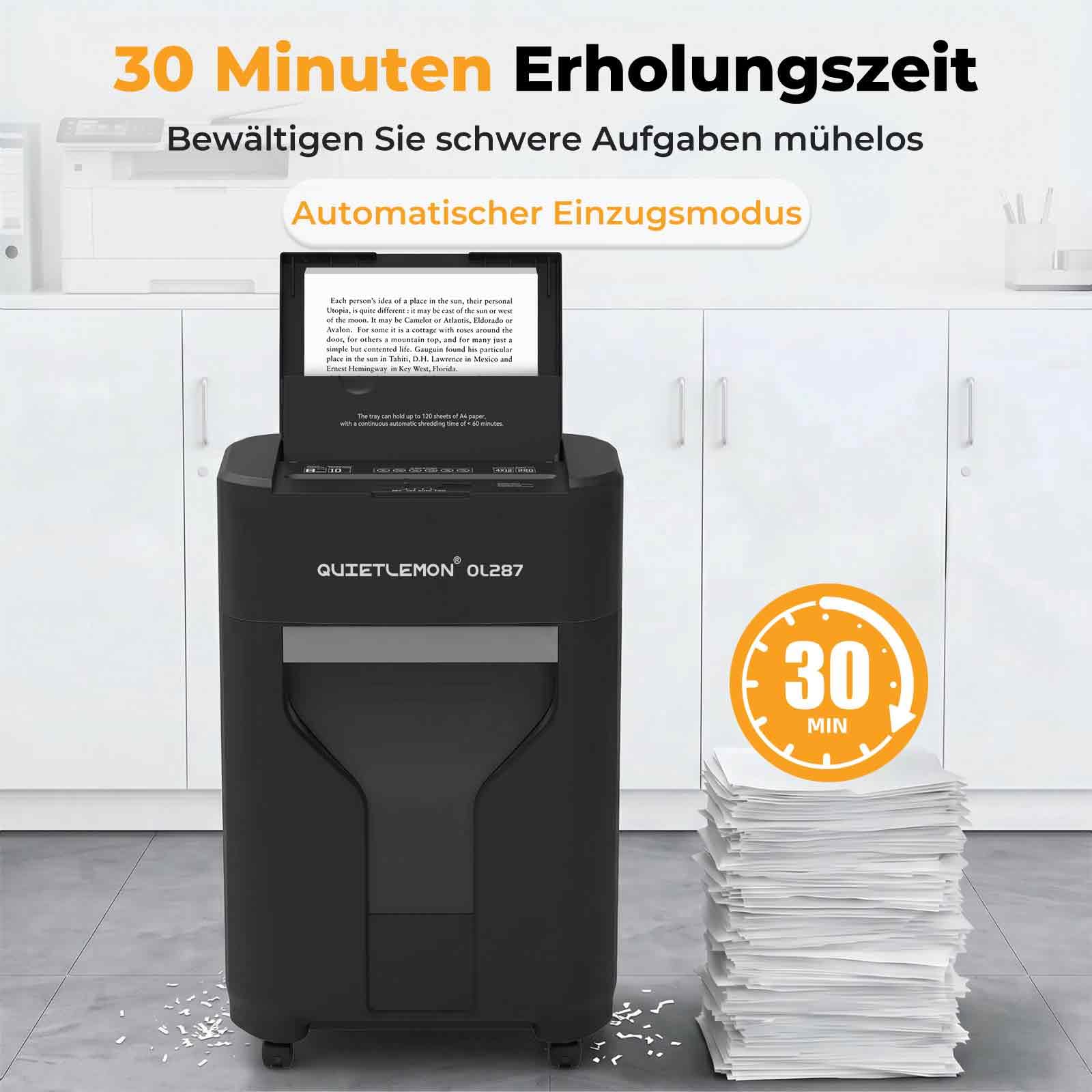 Automatischer 120 Blatt Aktenvernichter P-4 Partikelschnitt Aktenvernichter, 8 Blatt manuell, 60 Min Dauerbetrieb, Anti-Stau, vernichtet Kreditkarten Heftklammern 20L