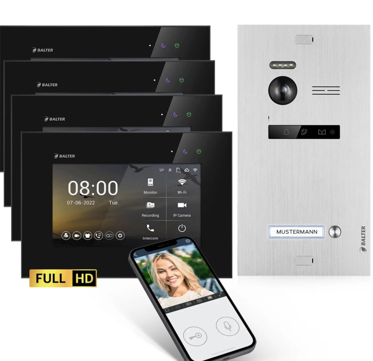 SCHUTZER Balter EVO-HD Videocitofono per 1 casa di famiglia, monitor touchscreen da 7", fotocamera grandangolare da 175°, visione notturna, tecnologia a 2 fili