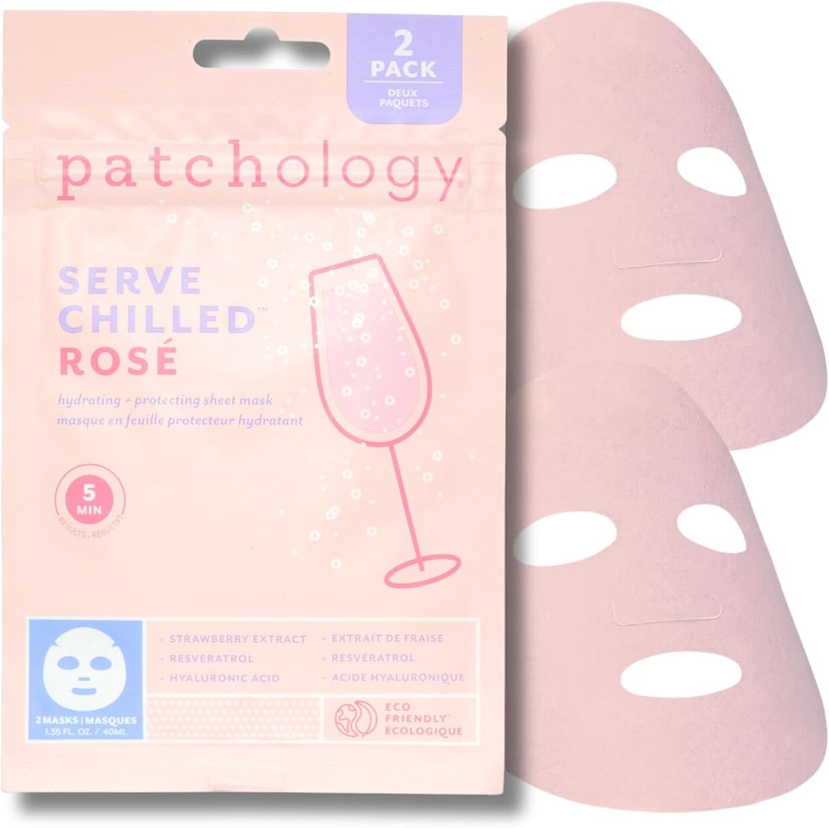 Rosé Pink Sheet Face Mask | Birthday & Bridal Gift | 2pk | Hydrating Mask with Hyaluronic Acid for Glowing Skin | Self-Care Gift for Her | Strawberry Scented