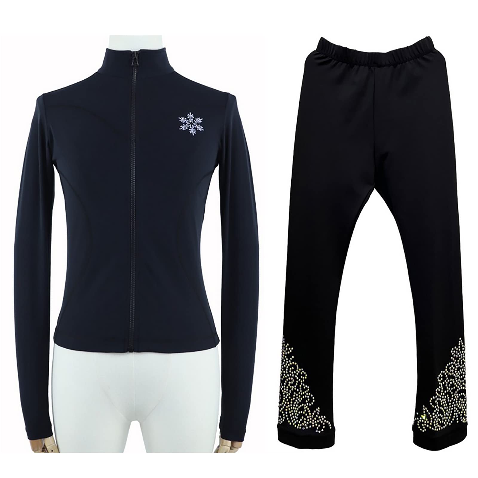 Chaqueta de Patinaje Artístico con Pantalones con Diamantes de Imitación Traje Entrenamiento Profesional de Patinaje Artístico para Niños Mujer(Size:Metro,Color:Negro-Grueso)