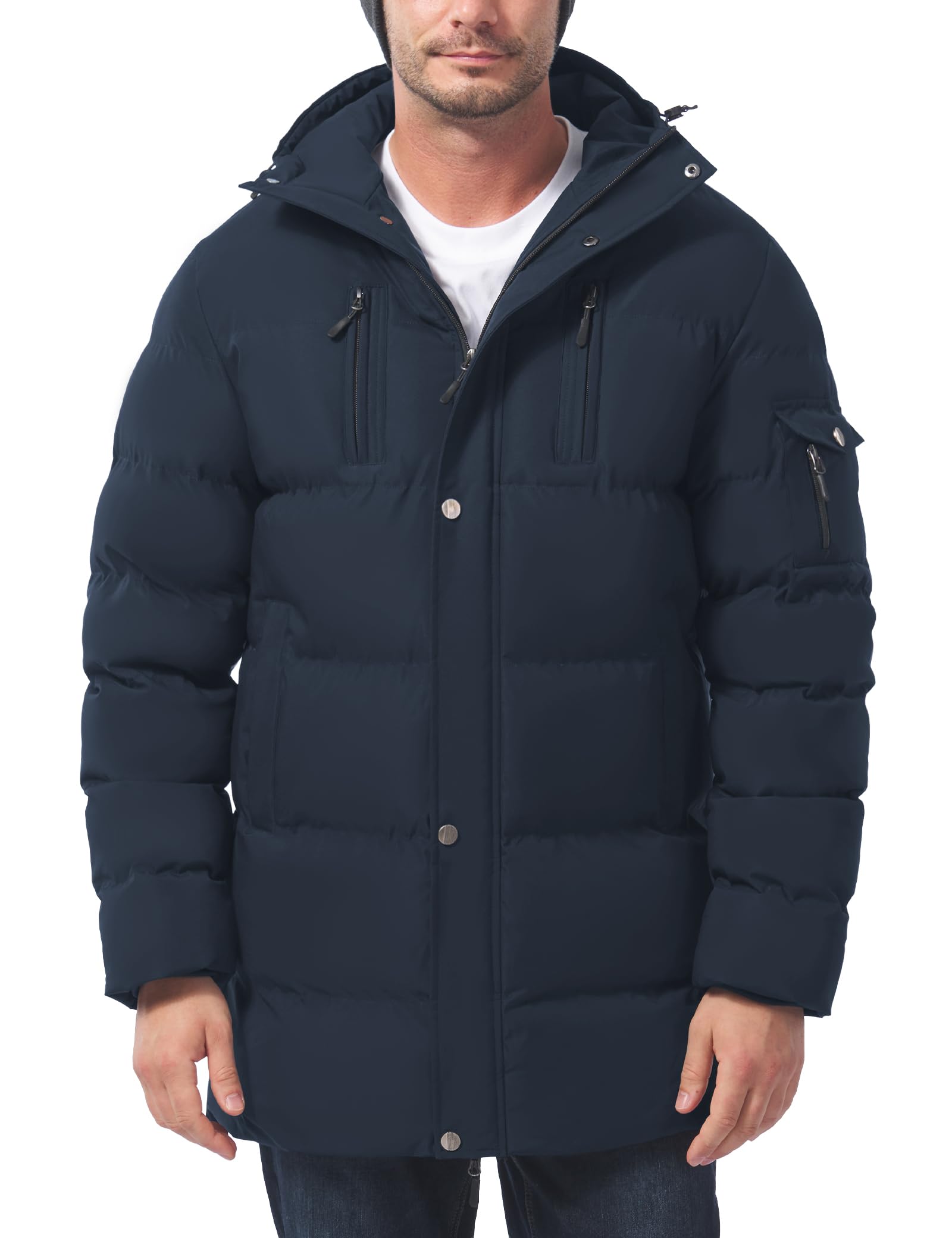 Mens Long Winter Coat Thicken Insulated Waterproof Puffer Jacket Two-Way Zipper Hooded Windbreaker Parka