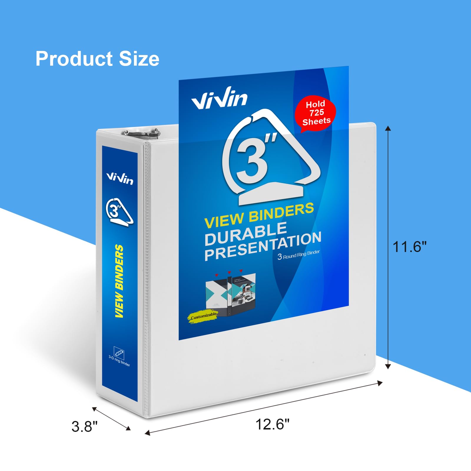 ViVin Durable - Raccoglitore ad anelli obliquo a D da 7,6 cm, raccoglitore a tre anelli, capacità 725 fogli, adatto per fogli da 21,6 x 27,9 cm, confezione da 10 (bianco)