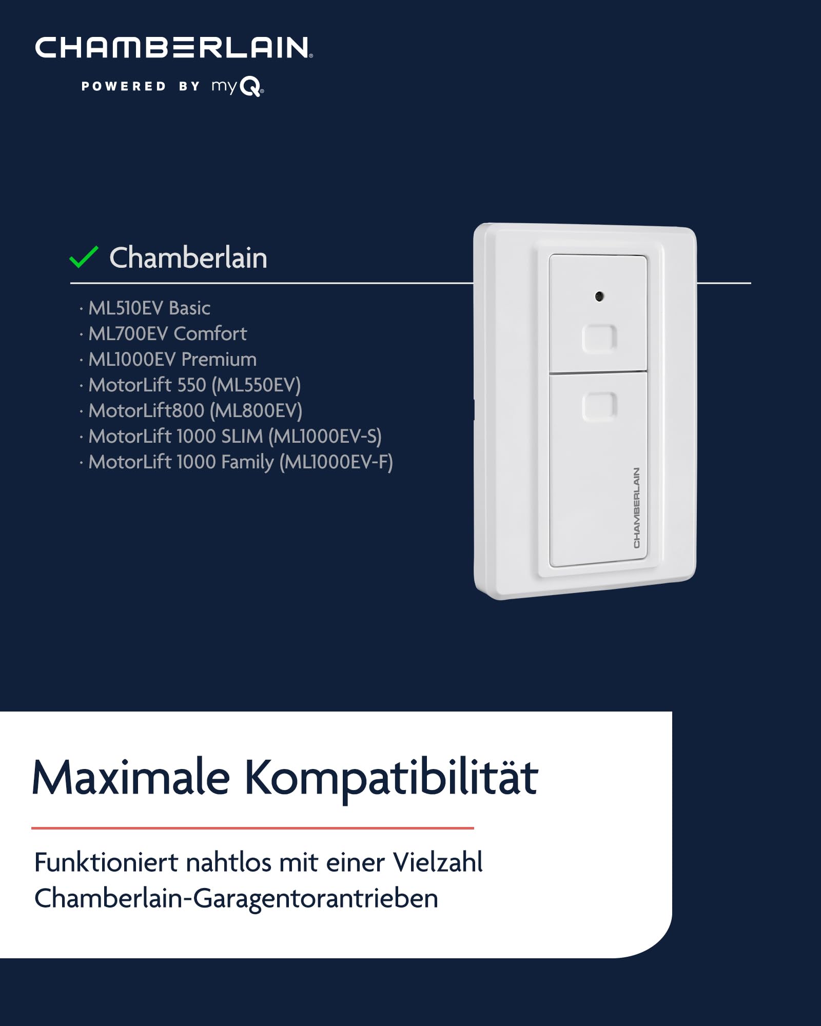 Chamberlain 2-Kanal Funkwandtaster 128REV - Kabellose Steuerung für 2 Garagentore - Einfache Montage - Inkl. Batterie