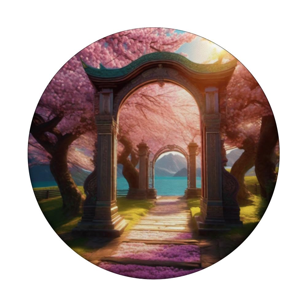 Mystical Cherry Blossoms Stone Arch Ethereal Fantasy Graphic PopSockets Swappable PopGrip, Black - Image 3