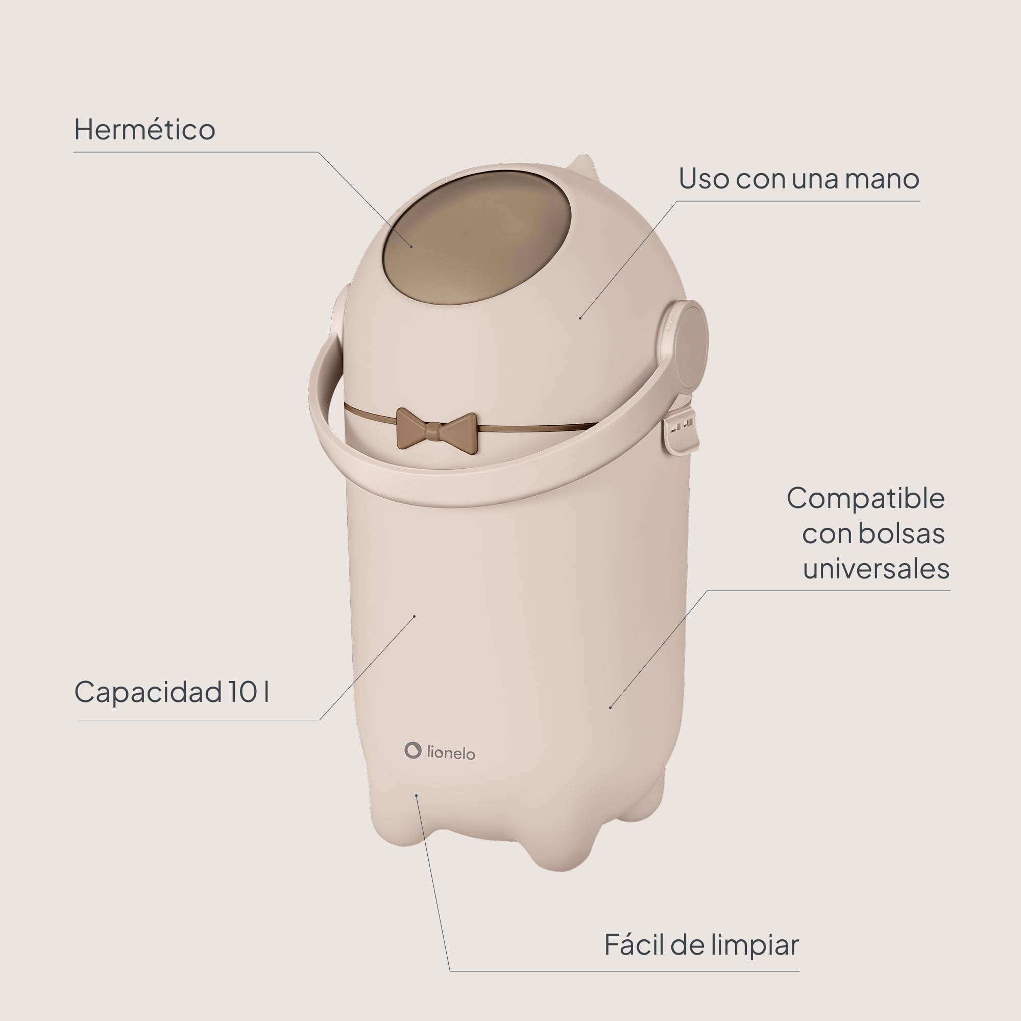 lionelo Purebin contenedor pañales que no deja salir los olores, para bolsas universales sin recambios caros, cubo basura pañales para bebé, uso con una mano, 10 l