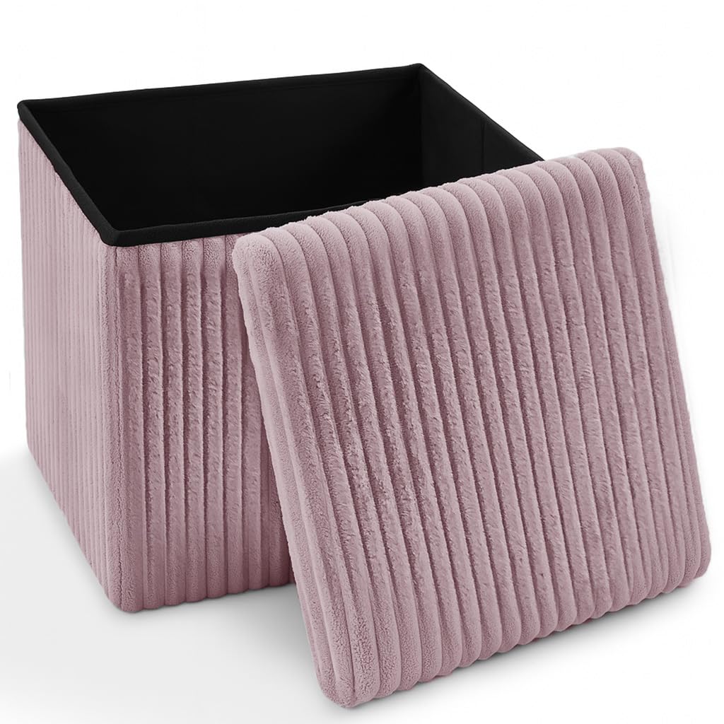 Home Republic Corduroy Ottoman Storage Box – Foldable Footstool with Lid – Soft Toy Chest Bench for Kids Room, Nursery, Bedroom or Living Room (Pink Rose, 38 x 38cms)