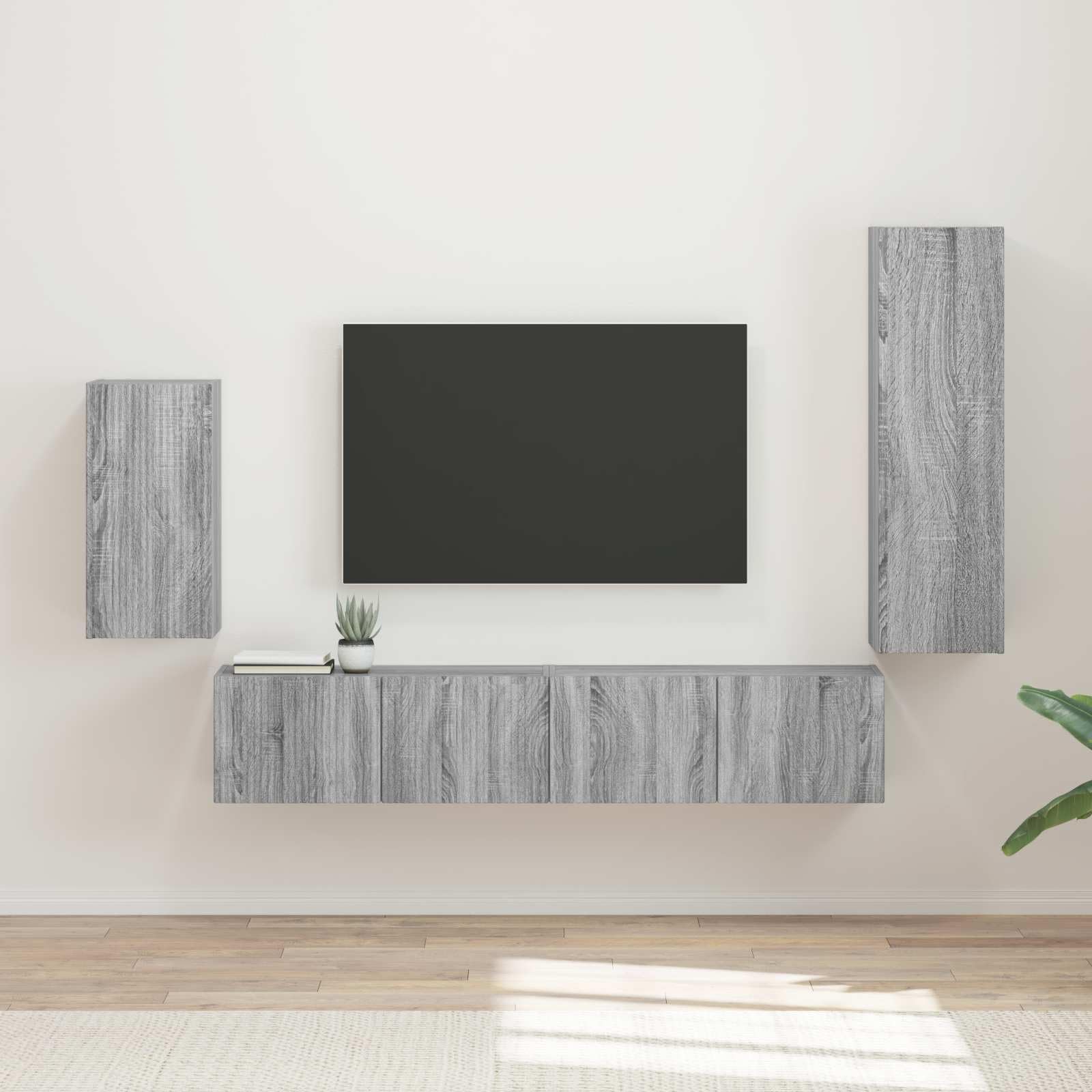 TV-Schrankset Wandmontiert 4-teilig, Graues Sonoma Holzwerkstoff, Modernes Media-Center für Wohnzimmer, Vielseitiger Stauraum, Einfache Montage
