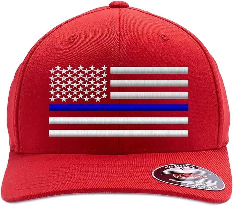 Thin Blue Line/Thin Red Line/Thin Blue and Red Line American Flag Flex Fitted Baseball Hat.