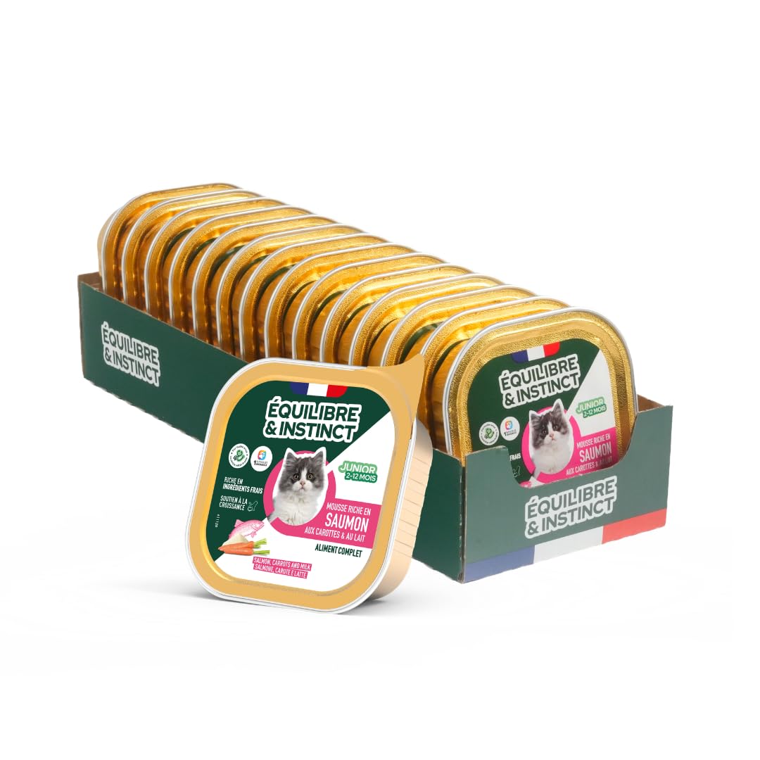 EQUILIBRE & INSTINCT - Chaton - Pâtée Nourriture Humide Saumon - Favorise la Production d'Énergie - Recette Complète Formulée avec des Vétérinaires - 14x85g - Fabriqué en France