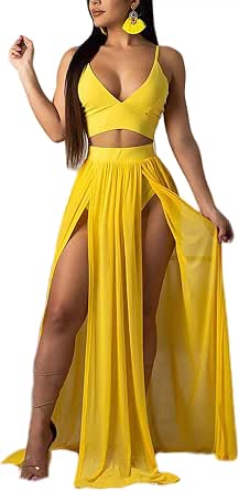 Women Sexy 2 Piece Outfit Dress Chiffon Strap Deep V Neck Bra Crop Top High Split Maxi Skirt Set