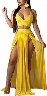 Women Sexy 2 Piece Outfits Dress Chiffon Strap Deep V Neck Bra Crop Top High Split Maxi Dresses Skirt Set - Buy now