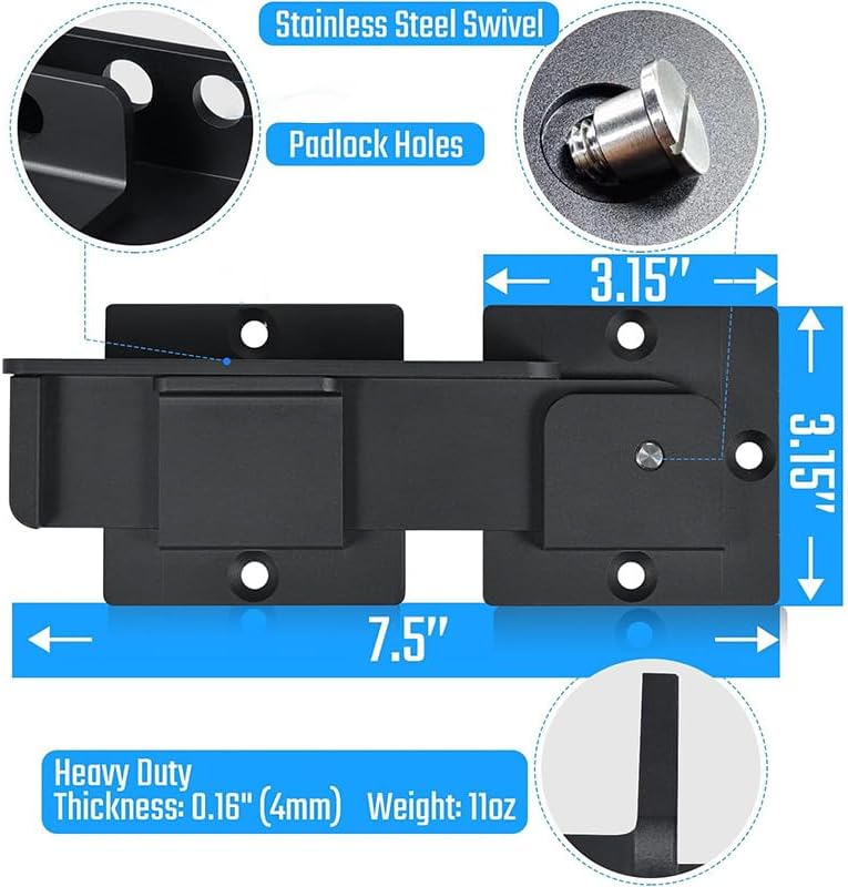 Gate Latch Lock with Padlock Hole, Aluminum Alloy Door Latch for Outdoor Wooden Fence, Heavy Duty Fence Gate Lock with Fasteners Hardware,Yard Garden, Steel,Black