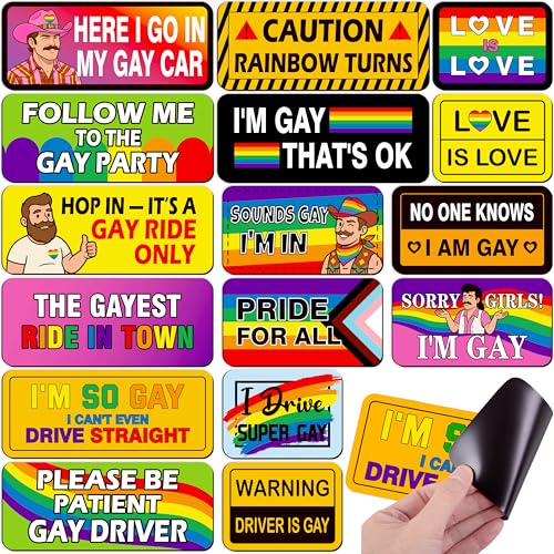 Image of 16PCS Gay Pride Car Bumper Magnets: Funny Rainbow Decals Bulk for LGBT Parade, Truck, Fridge, Cruise - Prank Gift Idea (Retro Lively)