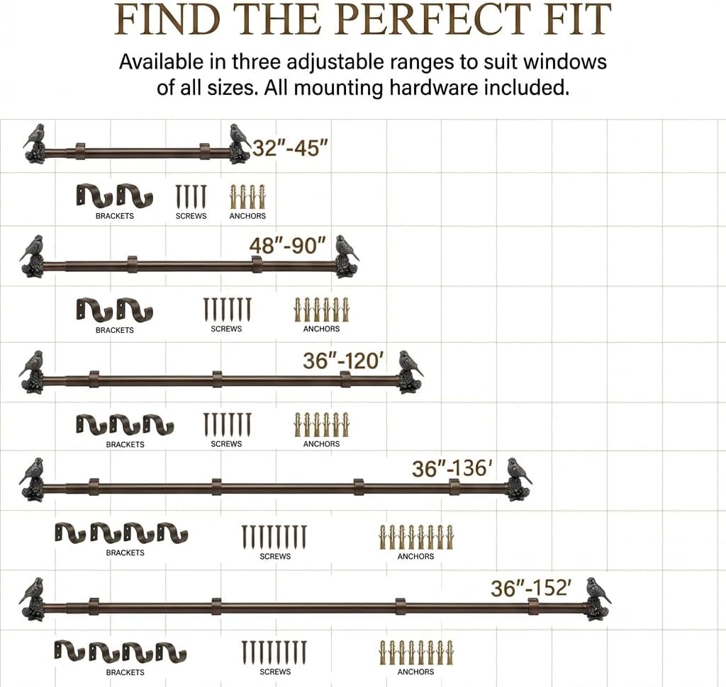 Antique Bronze Curtain Rod 32 to 45 Inches，Adjustable Heavy Duty Drapery Rod Set with Vintage Bronze Bird Finials, Farmhouse Window Treatment for Home & Patio (Antique Bronze, 32 to 45 Inches)