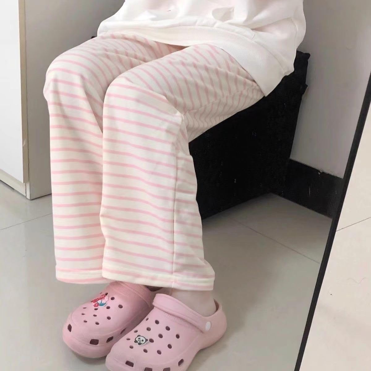 CEINOM Y2K Women Kawaii Sweet Striped Pants Cute Harajuku Fleece Sports Sweatpants Casual Basic Cartoon Japanese Trousers