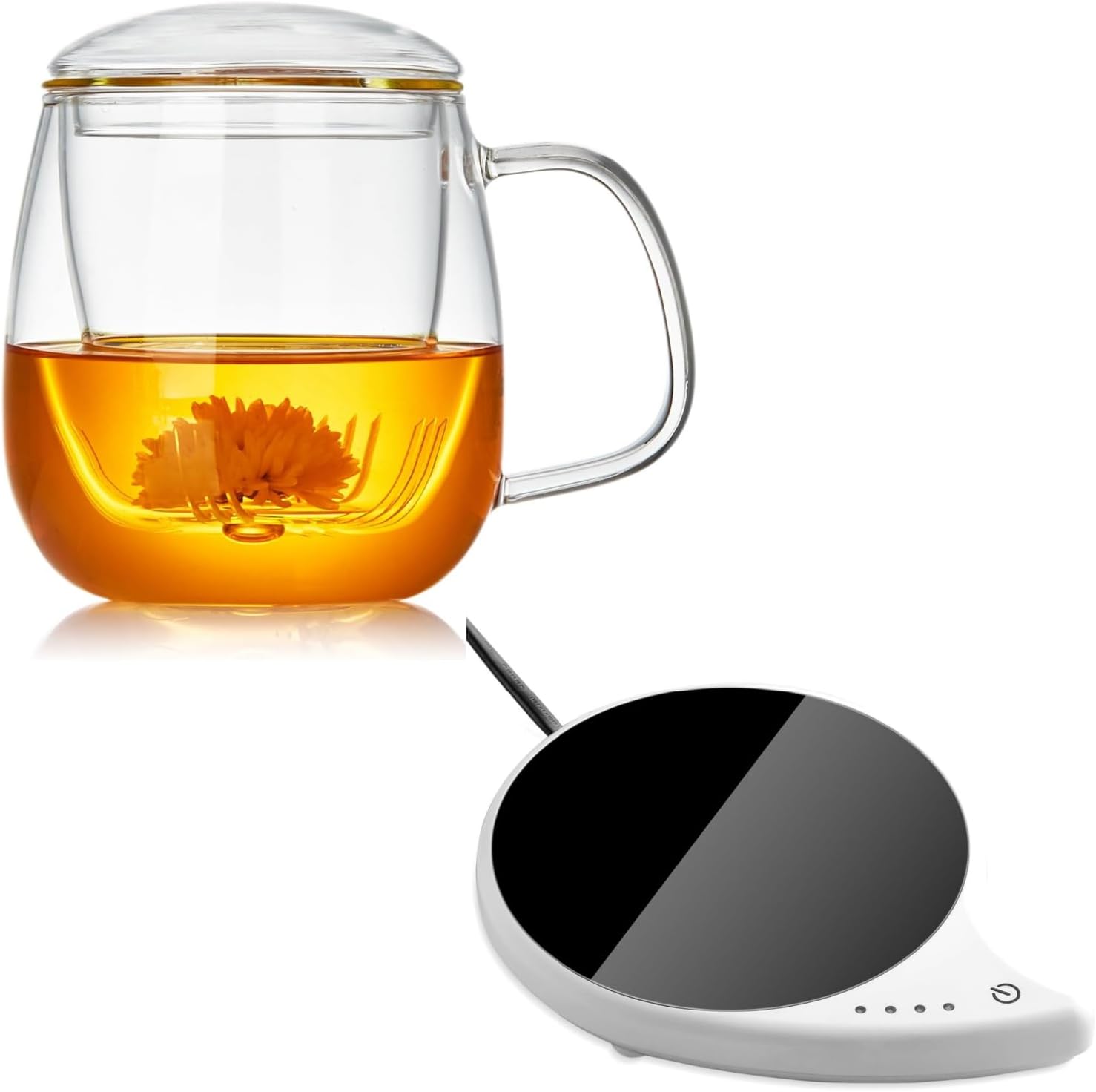 Large Glass Tea Cup, 25.6 oz Borosilicate Glass Tea Mug with Infuser and Lid & Coffee Mug Warmer with Auto Shut Off, 3 Temperature Settings