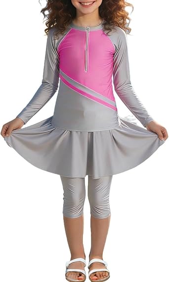 Girls Modest Swimsuit 2 Piece UPF 50+ Long Sleeve Rash Guard with Skirted Top+ Capri Pants Kid Color Block Swimwear