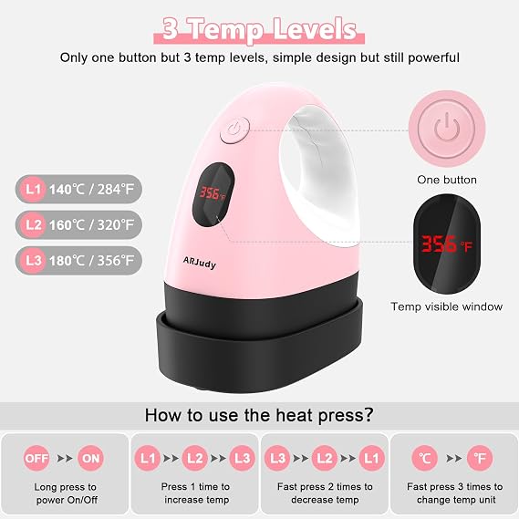 Mini Heat Press Machine, Mini Heat Transfer Iron, 3 Settings Levels & Visible Temp, Portable Press Easy for Crafts, T-Shirt, Hats, Shoes, Bags, Cap and Small Vinyl Projects (Pink)