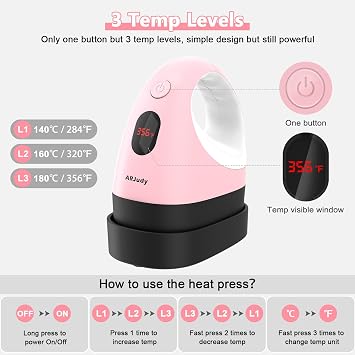 Mini Heat Press Machine, Mini Heat Transfer Iron, 3 Settings Levels & Visible Temp, Portable Press Easy for Crafts, T-Shirt, Hats, Shoes, Bags, Cap and Small Vinyl Projects (Pink)