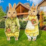 2 Pack Easter Yard Signs Vintage Bunnies Outdoor Lawn Decorations Bunny Garden Lawn Stake Signs East