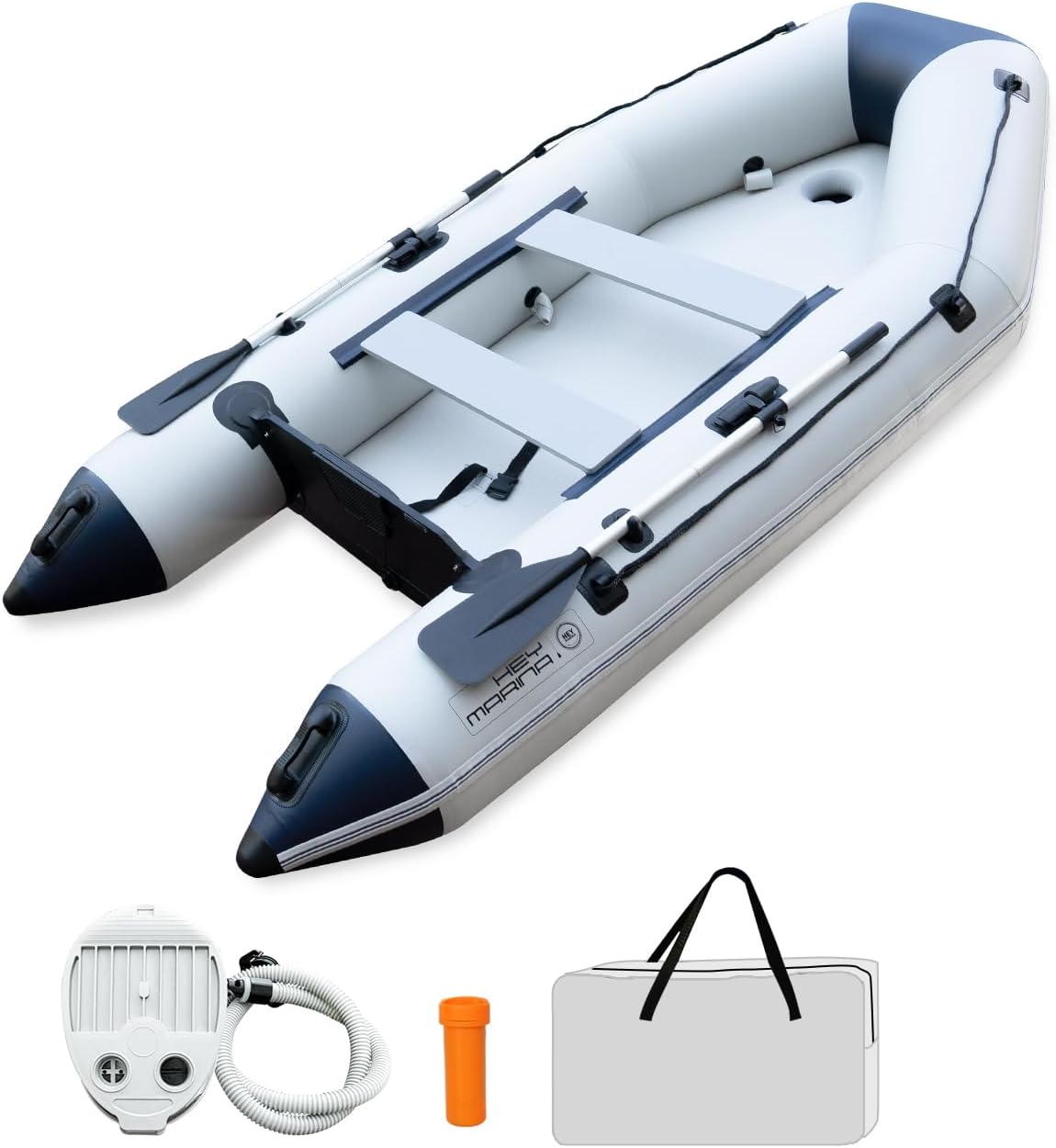 HEYBOARD Inflatable Dinghy Boat with Drop Stitch Floor, 1100D PVC Material, 4-Person Inflatable Tender Raft for Fishing, Diving & Recreation – Compatible with 10HP Motor