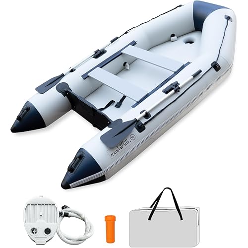HEYBOARD Inflatable Dinghy Boat with Drop Stitch Floor, 1100D PVC Material, 4-Person Inflatable Tender Raft for Fishing, Diving & Recreation – Compatible with 10HP Motor