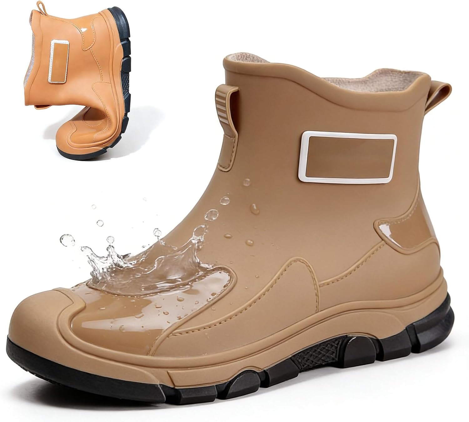 Short Rain Boots for Women’s Lug Sole Platform Waterproof Wide Calf Ankle Rain boots with Removable Comfort Insole Fashion Round Toe Anti-Slip Rubber Garden Outdoor Work Deck Mud Chelsea Boots