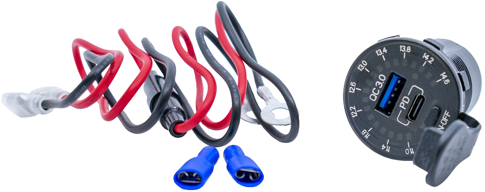 36W Buchse Dual USB Typ C PD 3.0 (36W) + USB A QC4.0 (18W) Schnellladegerät für Auto, Boot, Marine & RVs mit eingebautem Voltmeter