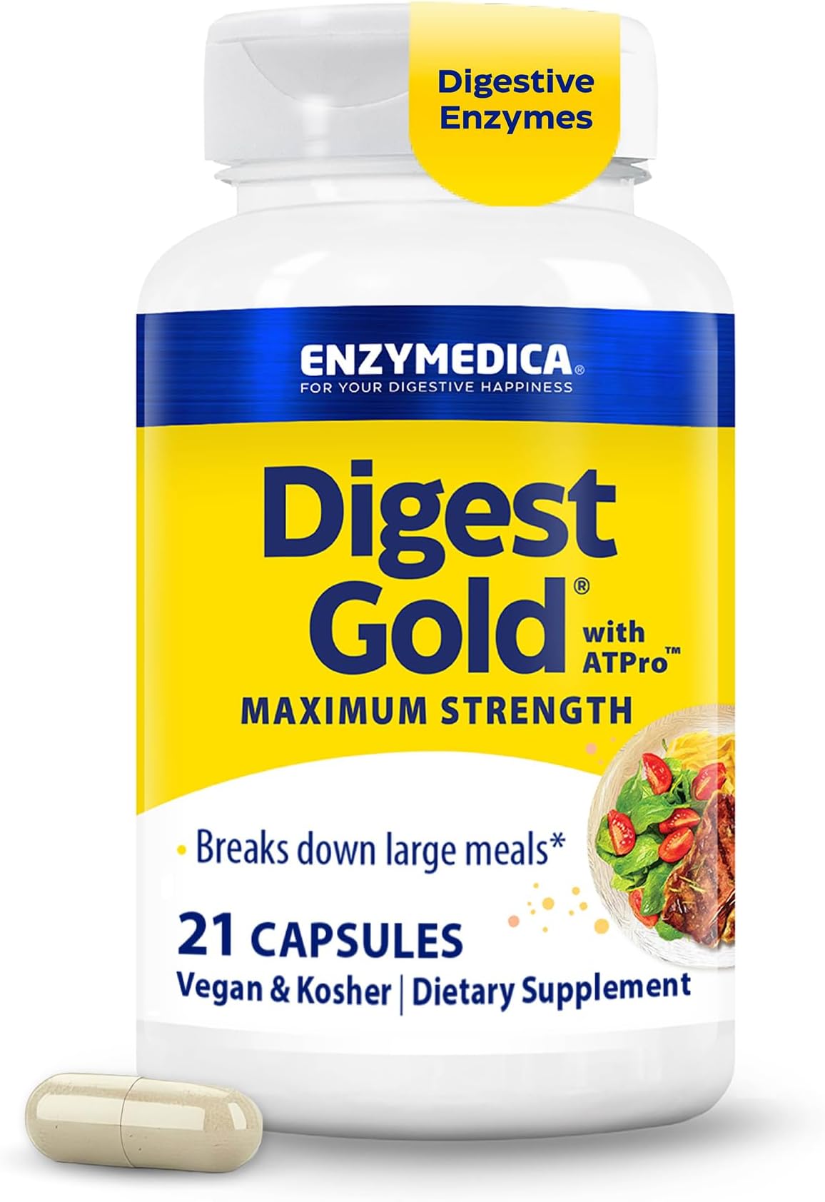 Enzymedica Digest Gold - Digestive Enzyme Supplement for Women & Men, Enzyme Capsules for Digestion, Gut Health Support, Helps Gas & Bloating, ATPro Energy Support, Maximum Strength, Vegan - 21 Caps