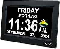 SSYA 7-Inch Extra Large Dementia Clock for Seniors - Calendar Alarm Clock with Full Day/Month Display, 12 Alarms, Auto Dimming (Black)