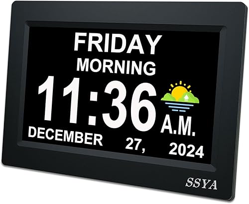 SSYA Reloj con calendario de 7 pulgadas, 12 opciones de alarma, pantalla regulable automática de nivel 5, reloj digital de visión deteriorada