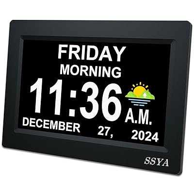 SSYA 7 Inch Calendar Clock - 12 Alarm Options, Level 5 Auto Dimmable Display,Extra Large Impaired Vision Digital Clock with Non-Abbreviated Day & Month (Black)
