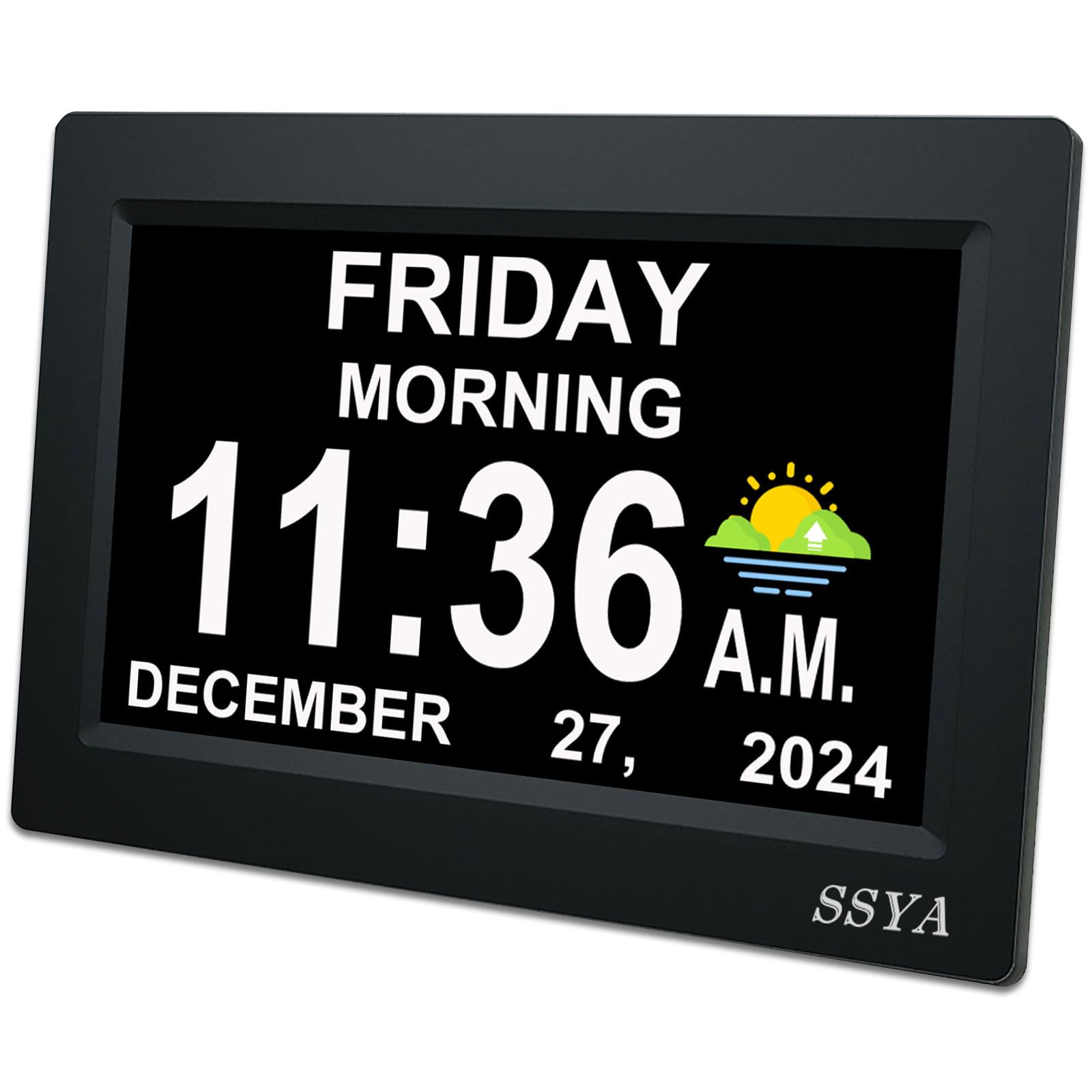 SSYA 7 Inch Calendar Clock - 12 Alarm Options, Level 5 Auto Dimmable Display,Extra Large Impaired Vision Digital Clock with Non-Abbreviated Day & Month (Black)
