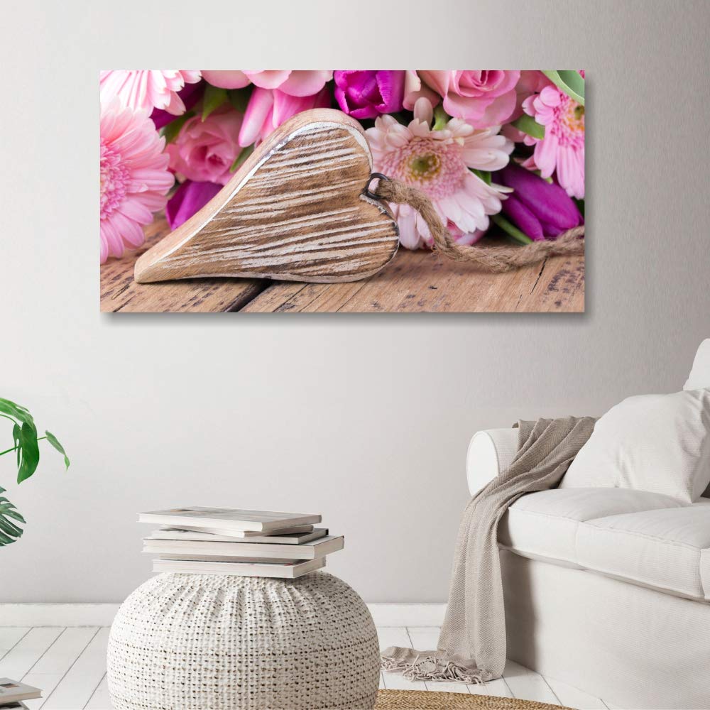 Quadri L&C ITALIA Cuori e Fiori Shabby Chic - Quadro Moderno per Cucina Soggiorno Camera da Letto Country Rustici 90 x 45 Stampa su Tela Canvas da Parete Rosa Viola