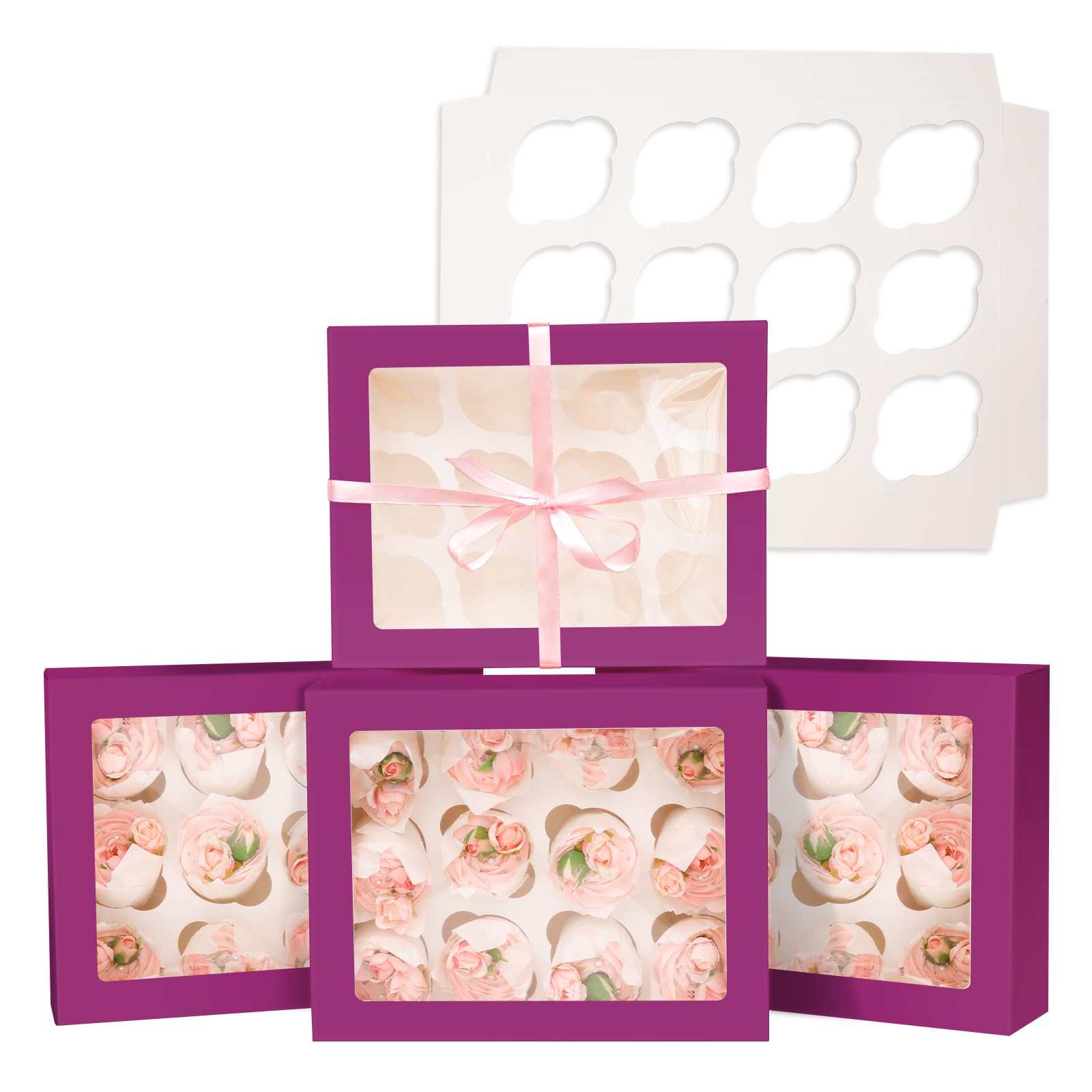 Gcardist Auto-pop Up 12 Cupcake Boxes with Window Deep Purple 6 Packs Cupcake Box 33x25.4x9cm Bakery Boxes for Cupcakes Carrier Cupcake Containers